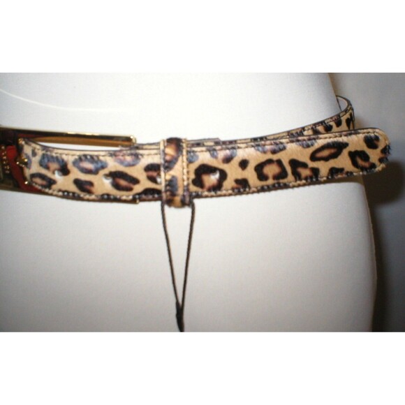 New Womens Designer Escada NWT $495 Leopard Belt Leather Logo Fur 70 27.5 XXS XS